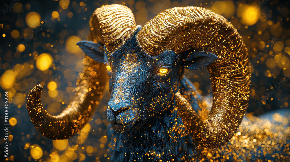Poster detailed 3D rendering of ram with vibrant golden textures and intricate features, set against shimmering background. artwork captures majestic and powerful presence