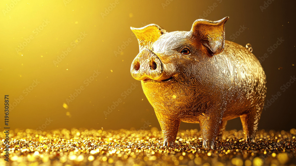 Poster golden pig figurine with intricate textures stands on bed of gold coins, symbolizing wealth and pros