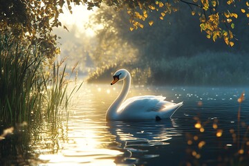 Fototapeta premium Serene Swan at Sunrise: A Peaceful Lakeside Morning