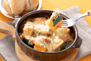 Pumpkin miso cream gratin. Pumpkin miso cream with toppings of gratin