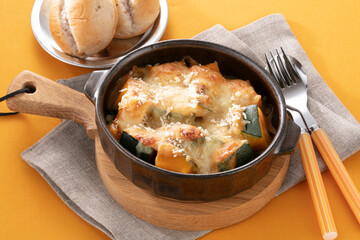 Pumpkin miso cream gratin. Pumpkin miso cream with toppings of gratin