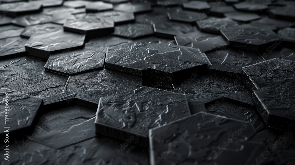 Poster an abstract pattern of black hexagonal shapes.