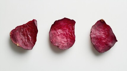Obraz premium Red beet slices with natural textures displayed on a white background, minimalist and vivid