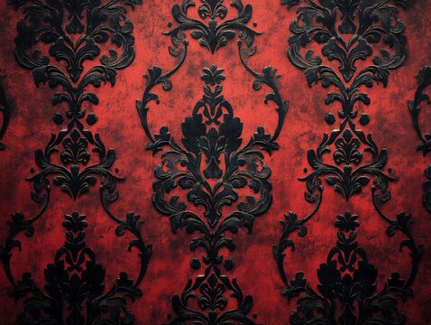 Close-up view of a red and black damask wallpaper with an intricate pattern.
