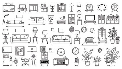 Outline icons of home and furniture, including sofas, beds, lamps, tables, chairs, cabinets, rugs, picture frames, clocks, and plants, drawn with no fill color on a clean white background.