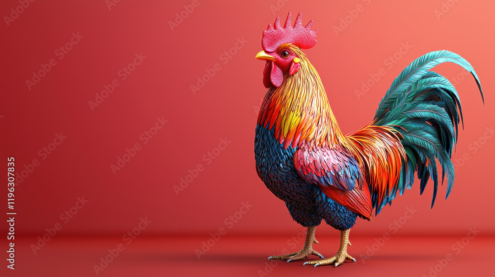 Poster vibrant 3d rooster design representing zodiac symbol with colorful feathers and intricate details, s