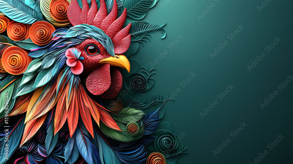 Poster Vibrant 3D rooster with detailed feathers and colorful design, showcasing intricate patterns and textures against teal background. stunning representation of artistry and nature