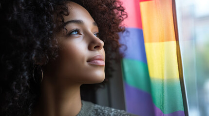 Hopeful Young Woman Gazing Out Window with Pride Flag in Background