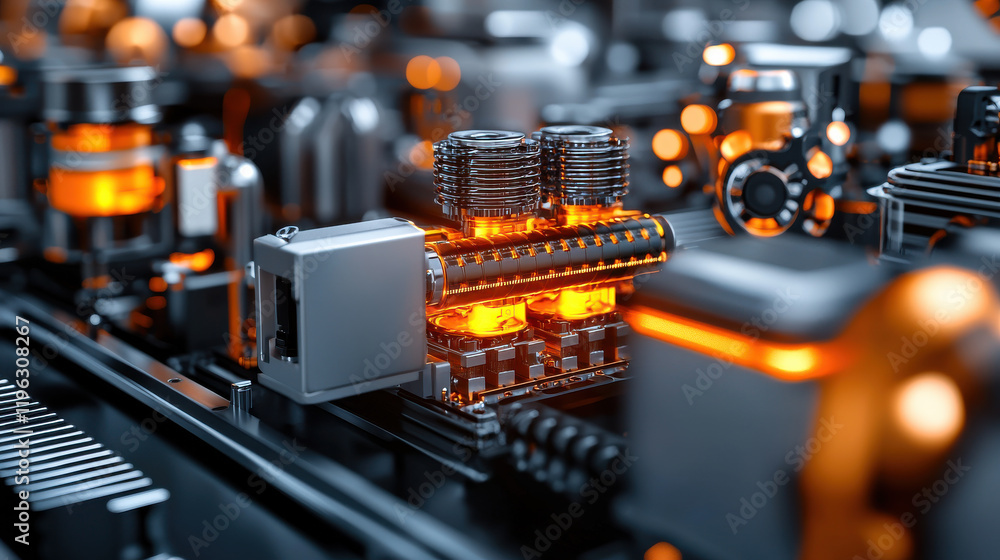 Aufkleber detailed 3d model of solid state components with glowing orange elements, showcasing intricate desig