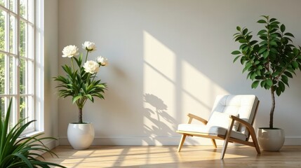 Fototapeta premium Serene Minimalist Interior Design Featuring Light-Colored Wooden Chair and Potted Plants in a Sunlit Room