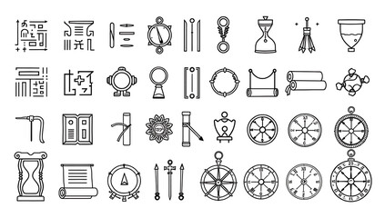 Fototapeta premium Minimalist icons of ancient symbols, including hieroglyphs, runes, astrolabes, hourglasses, ancient scrolls, compasses, and sundials, designed as line art with no fill color on a white background