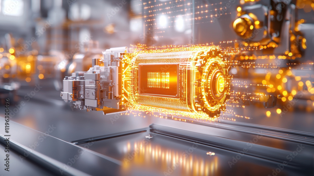 Leinwandbilder 3D model of solid state components with glowing energy effects, showcasing advanced technology in futuristic setting. intricate design highlights innovation and engineering