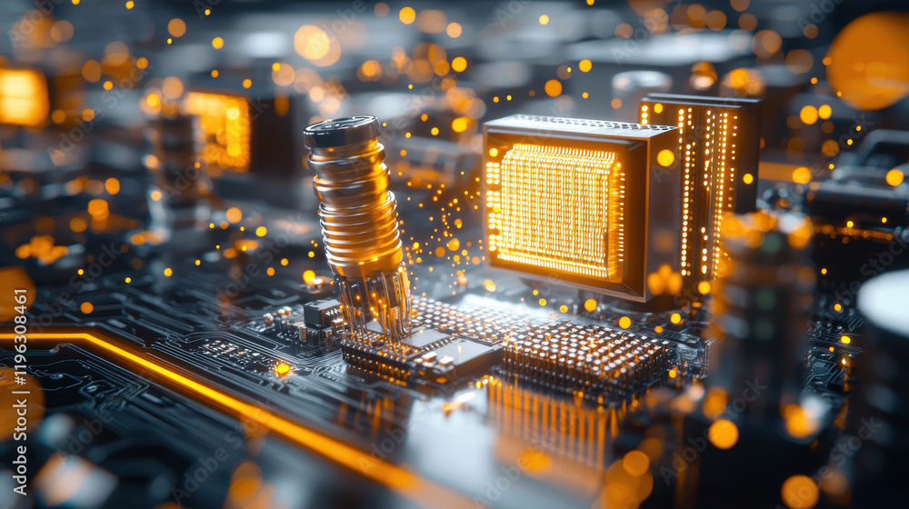 Aufkleber detailed 3D model of solid state components on circuit board, showcasing intricate designs and glowing elements. vibrant colors and dynamic lighting create futuristic atmosphere