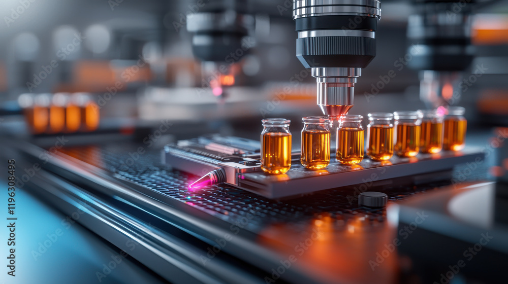 Poster high tech laboratory setup with vials and precision instruments, showcasing solid state components a