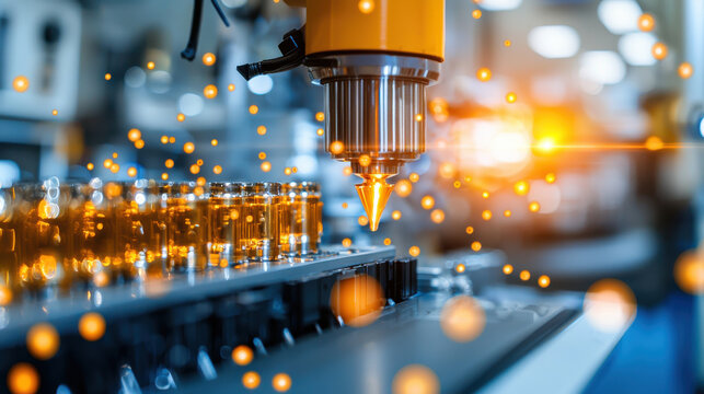 Automated machinery spraying liquid in factory setting, showcasing advanced technology and precision. scene is vibrant with glowing particles, emphasizing innovation