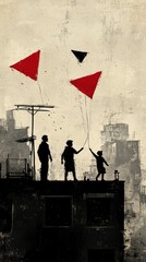 Silhouettes of three figures flying kites atop a rooftop, set against a textured urban backdrop, evoking a sense of nostalgia and childhood play.