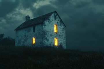 Fototapeta premium Eerie Isolated Haunted House: Spooky Night Scene in the Wilderness fog dark fear scary rural ghost 