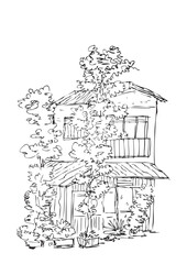 House with Trees and Plants, Simple Vector Sketch Illustration