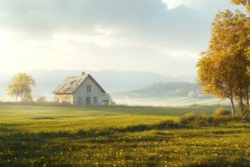 Serene Countryside Home: Distant House Amidst Lush Green Fields sky calm farm view rural grass quiet