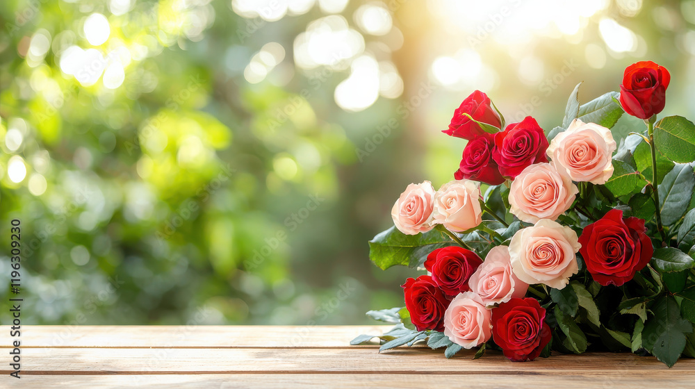 Poster beautiful bouquet of red and pink roses arranged on wooden table, surrounded by lush greenery and so