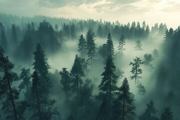 Misty Forest Enchantment: Tall Dark Pines in a Dreamlike Landscape fog calm woods hills trees birds 