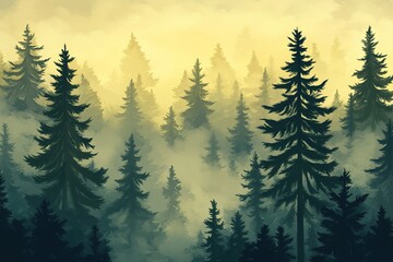 Fototapeta premium Enchanted Misty Forest: Dark Green Pines, Serene Landscape, Magical Atmosphere, Nature Photography, 