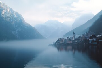 Hallstatt: Panoramic View of Picturesque Austrian Town Sky Lake Cozy Blue Water Green Photo Image   