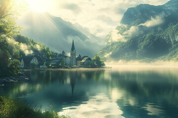 Fototapeta premium Hallstatt, Austria: Panoramic Lake and Mountain Majesty sky view town photo image water alpine travel