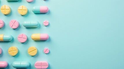 Pastel-colored capsules and tablets arranged on a light blue background, creating a vibrant and visually appealing medical theme.