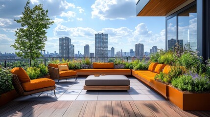 Urban rooftop eco-garden with vibrant greenery, sustainable furniture, and cityscape views