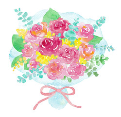水彩で描いた薔薇とミモザの花束