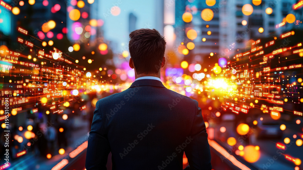 Aufkleber businessman standing at edge of digital bridge, surrounded by vibrant lights and data streams, symbolizing innovation and technology