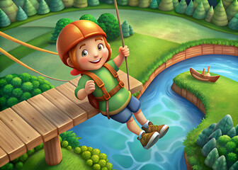 Joyful Child on Zipline Adventure. Cartoon Illustration