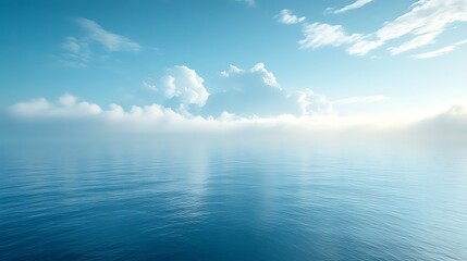 Serene ocean sunrise with fluffy clouds.