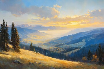Obraz premium Majestic Carpathian Mountain Panorama: Breathtaking Sunrise Views, Rolling Hills, Scenic Landscape 