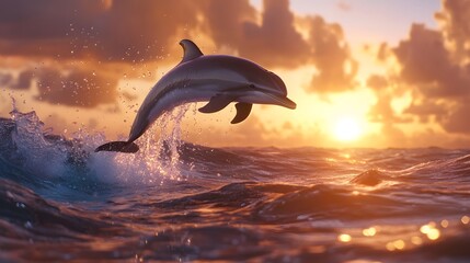 Obraz premium A dolphin leaping out of the ocean at sunrise