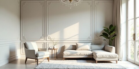 Elegant Living Room Interior Design Featuring a Sectional Sofa and Armchair in a Sunlit Room with Ornate Wall Molding