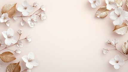 Obraz premium Delicate white flowers and golden leaves beautifully arranged on a soft pastel background, perfect for elegant designs.