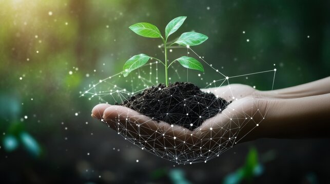 Abstract giving hand with young plant in soil. Low poly style design. Blue geometric background. Wireframe light connection structure. Modern 3d graphic concept. Isolated vector illustration.
