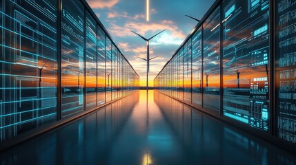 Green power or renewable energy concept of wind turbines farm or wind power plant with Scada system computer screen monitoring at operations controller room for operator engineer teamwork.
