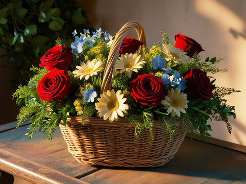 A wicker basket overflowing with a vibrant arrangement of fresh flowers