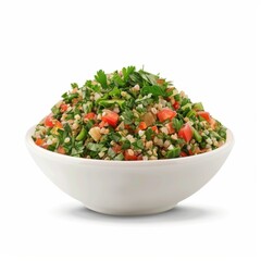 A Mediterranean tabbouleh salad with bulgur wheat and fresh herbs, isolated white background, hyperrealism art style