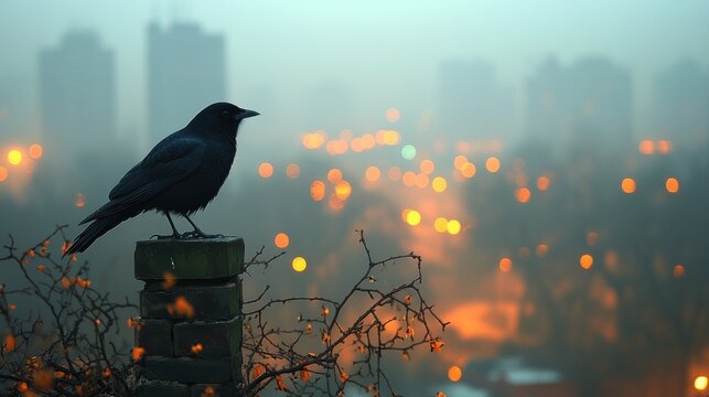 City crow perched, foggy dawn, urban nature