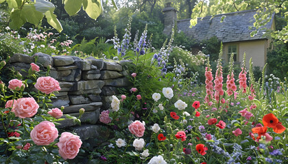 This image shows a beautiful garden with various blooming flowers. In the foreground, there are large, lovely pink roses.