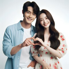 Two young asian couple love each other hand mark heart shape.