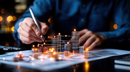 professional engineer designing prototype with data visualization, graphs, and charts. scene captures innovation and technology in modern workspace