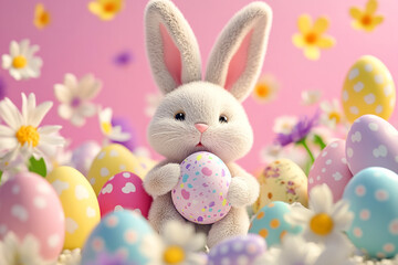 Cute 3d Plush Bunny Doll Holding Egg Surrounded Primroses Colorful Pink Background Eggs Happy Easter Concept 