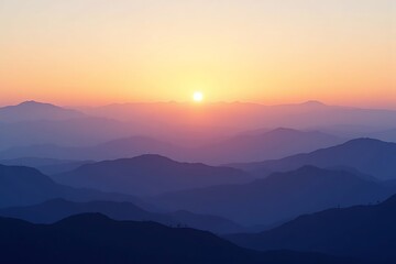 Serene Sunset Over Layered Mountain Ranges &ndash; Tranquil Nature Landscape for Wall Art, Backgrounds, and Scenic Prints