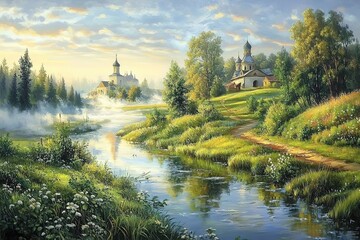 Fototapeta premium Enchanting Russian Countryside: Serene Fields, Rolling Hills, and Golden Sunlight sky blue calm farm