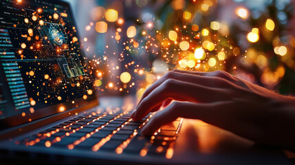 cinematic depiction of hands typing on illuminated laptop, surrounded by glowing particles, creating magical atmosphere of technology and creativity